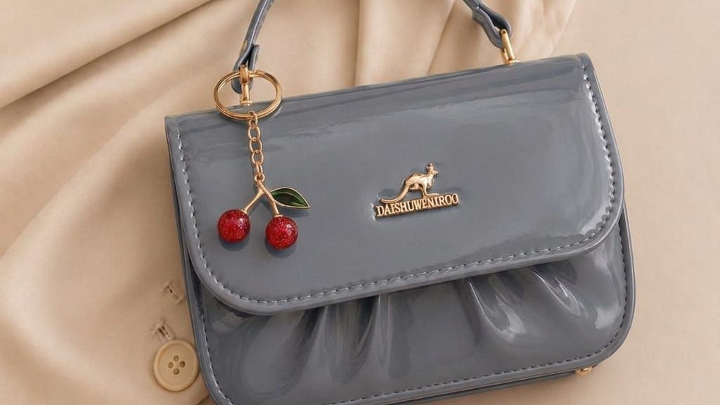 Gray handbag with cherry charm and brand logo on a beige fabric background