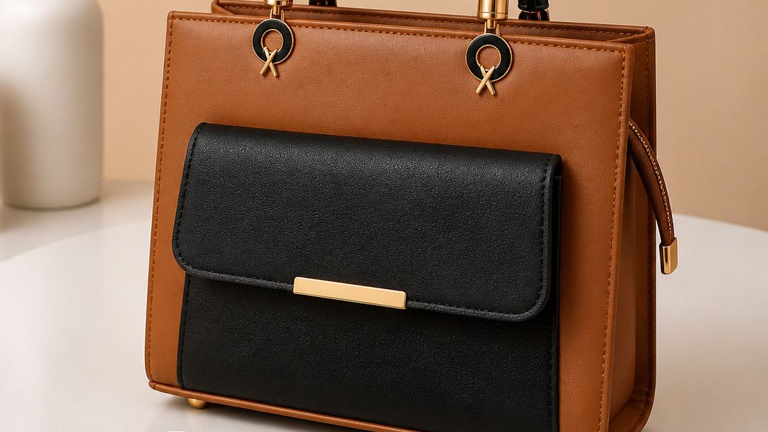 Brown & Black – "Women's two-tone handbag in brown and black with gold hardware and detachable shoulder strap"