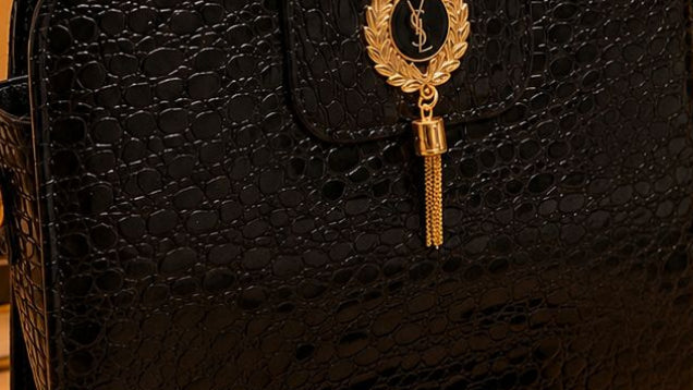 Black handbag with gold accents on a wooden surface