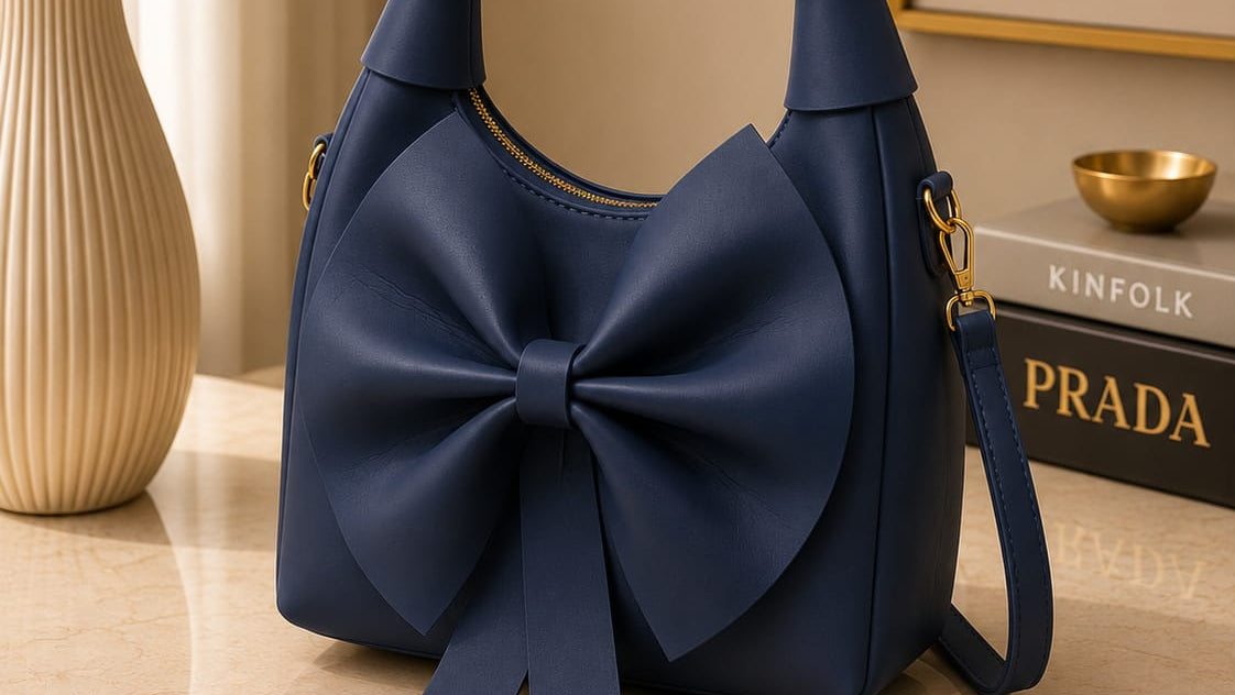 Blue handbag with a large bow on a beige surface, with a vase and books in the background.