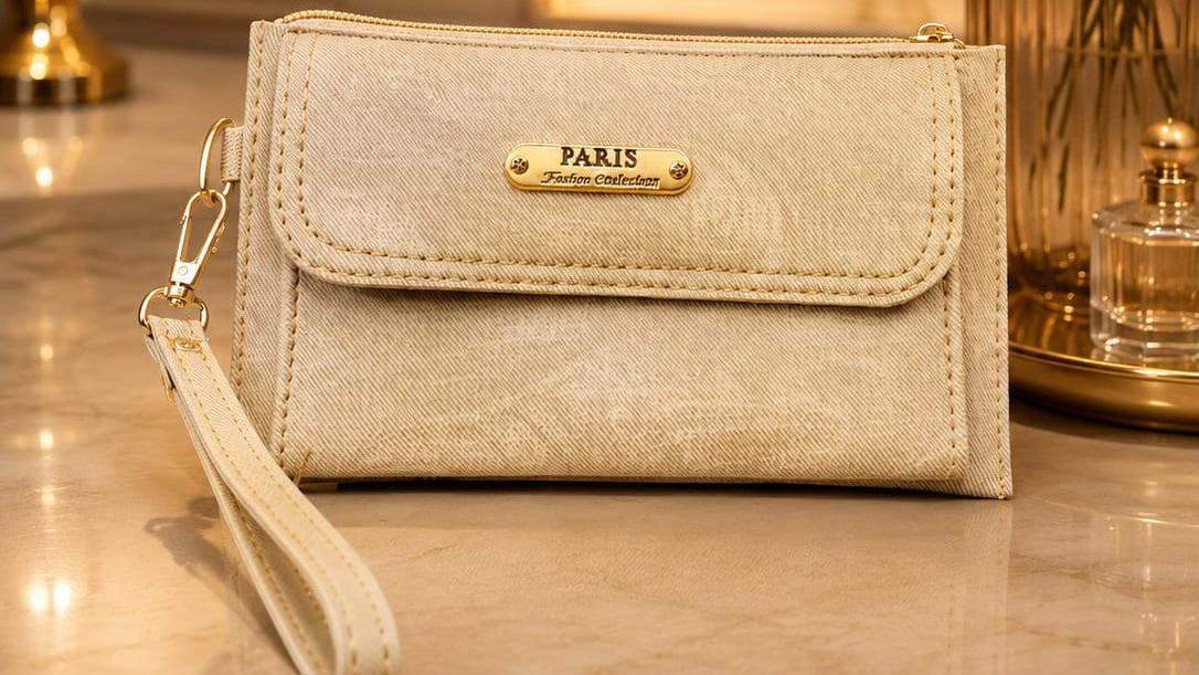 Beige clutch bag with 'PARIS' tag on a reflective surface with decorative elements in the background