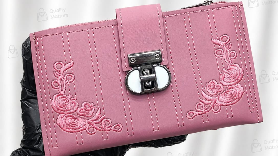 Pink wallet with floral embroidery held by a gloved hand against a white background