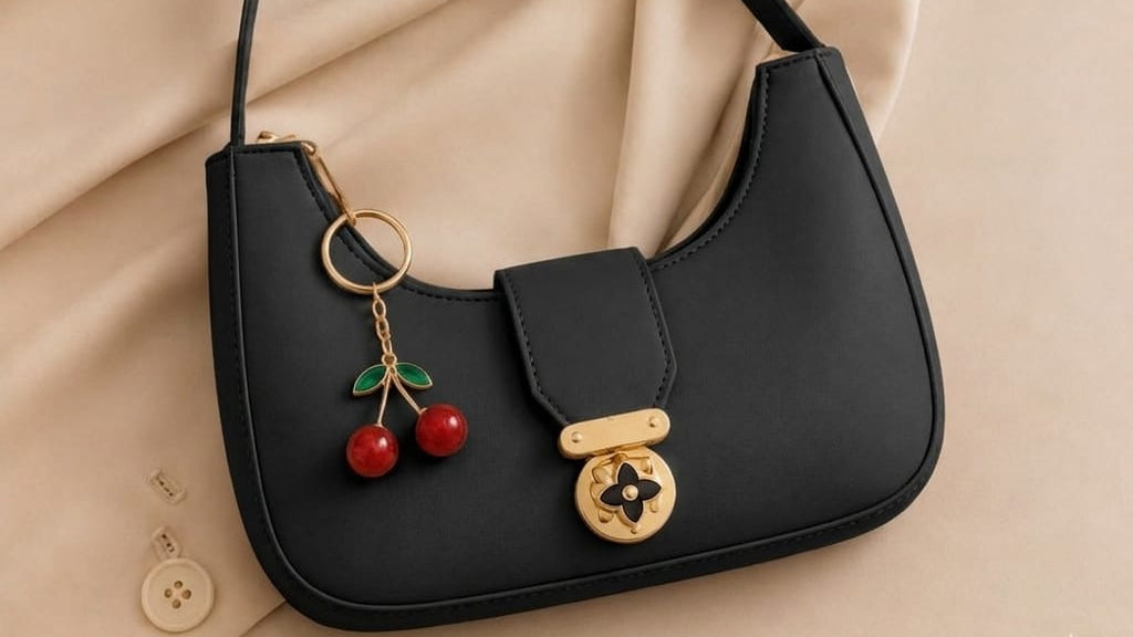 Black handbag with cherry charm on a beige fabric background