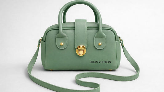 Green handbag with gold accents on a white background