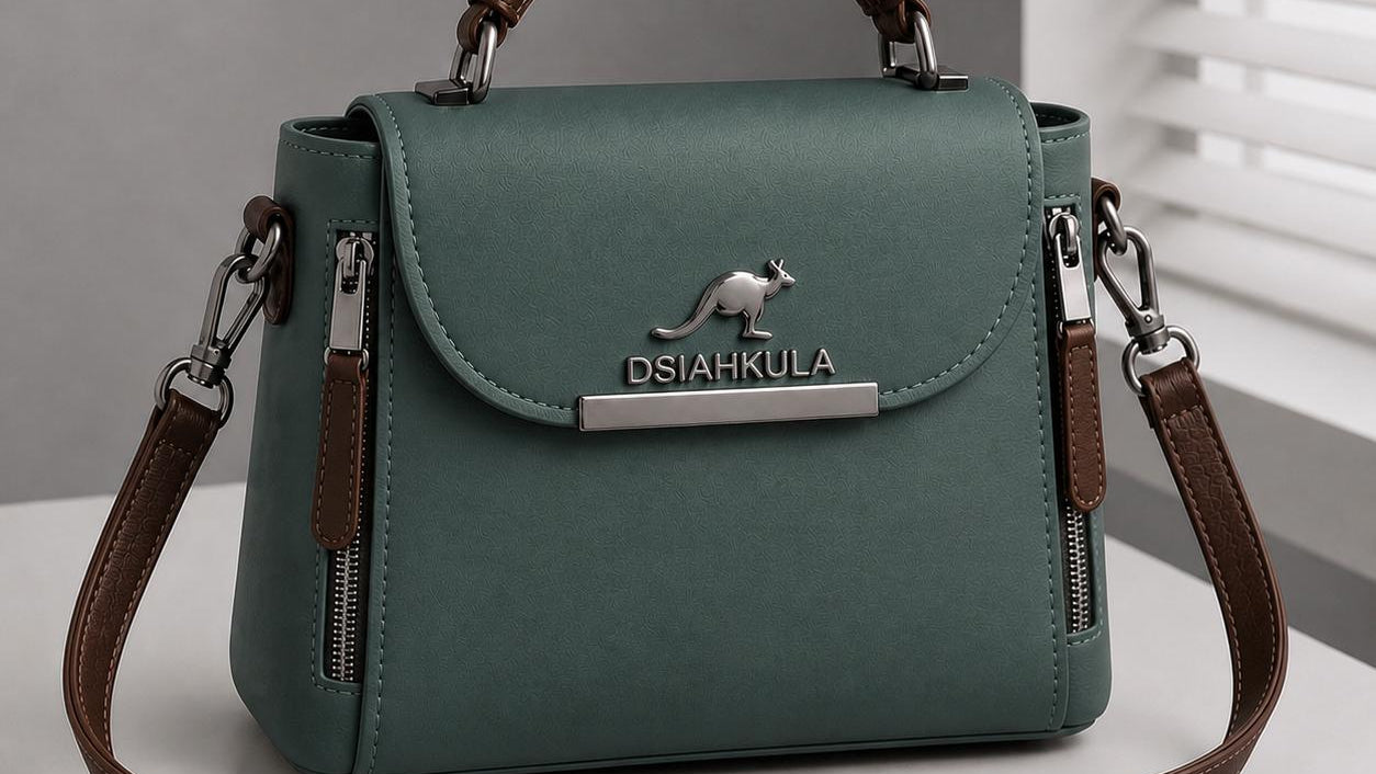 Green handbag with brown strap and sunglasses on a light surface