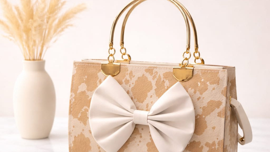 Beige handbag with a large white bow on a light background