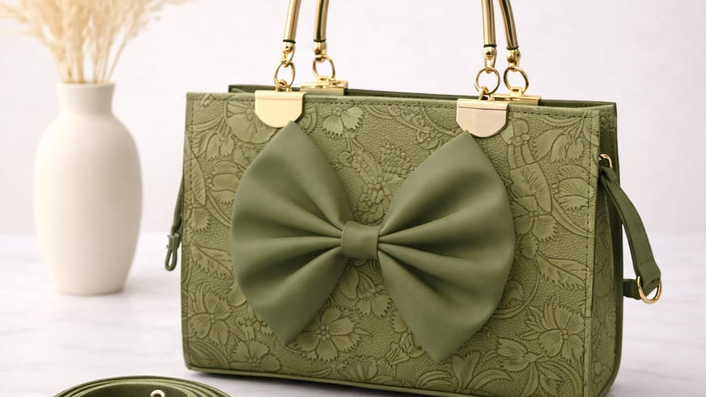 Green handbag with a large bow on a white surface, next to a vase with dried plants.