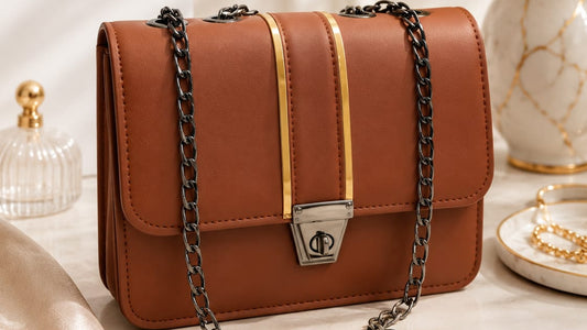 Brown handbag with chain strap on a light surface with decorative elements