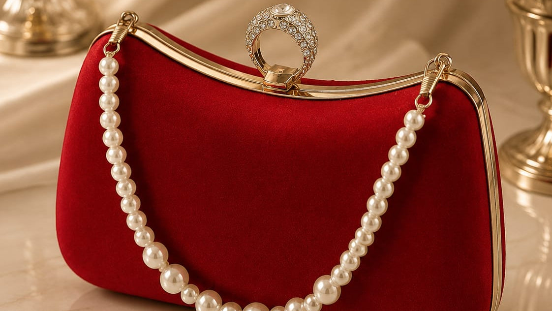 Red clutch bag with pearl handle on a reflective surface with decorative background