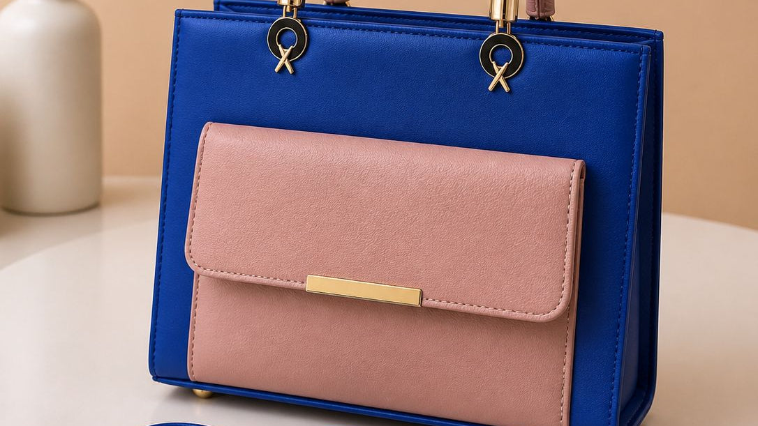 Royal Blue & Pink – "Women's two-tone handbag in royal blue and pink with gold hardware and detachable shoulder strap"