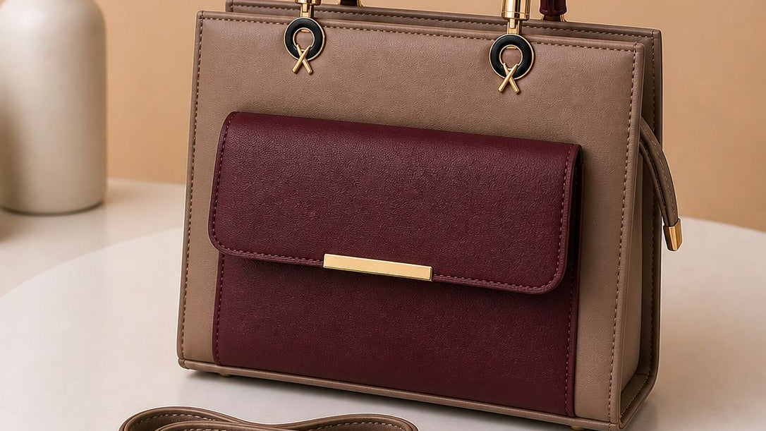 Beige & Burgundy – "Women's two-tone handbag in beige and burgundy with gold hardware and detachable shoulder strap"