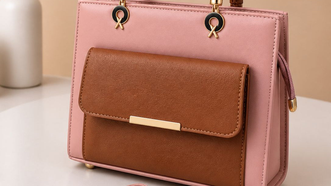 Pink & Brown – "Women's two-tone handbag in pink and brown with gold hardware and detachable shoulder strap"