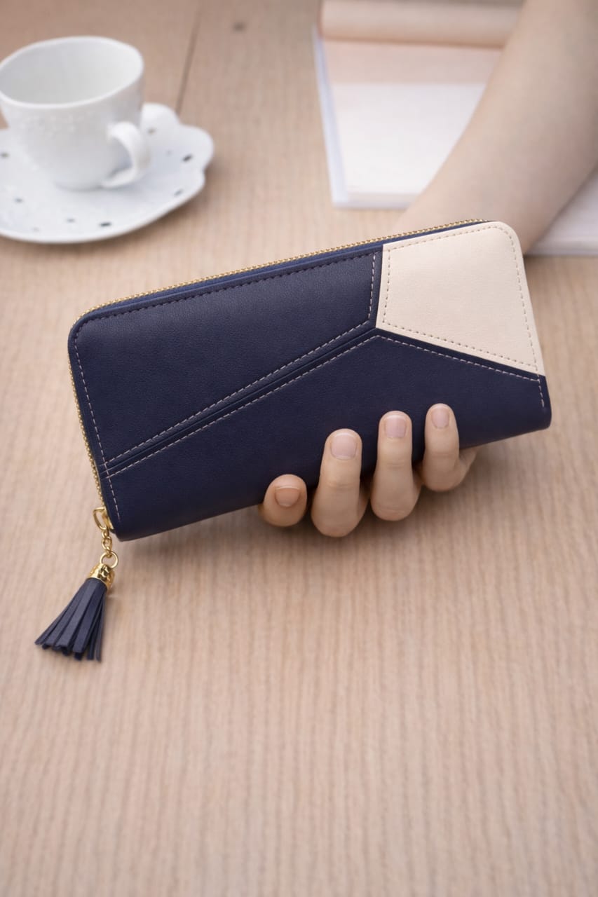 Elegant black ladies wallet with stylish zip closure and modern tassel hand wallet for women