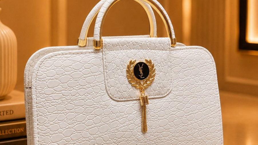 White textured handbag with gold accents on a wooden surface