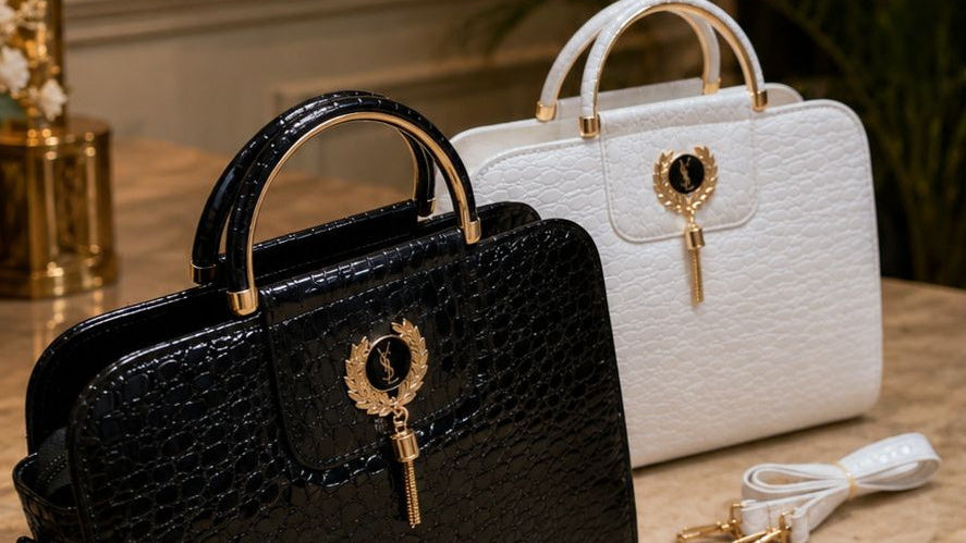 Black and white handbags with matching keychains on a marble surface.