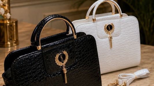 Black and white handbags with matching keychains on a marble surface.