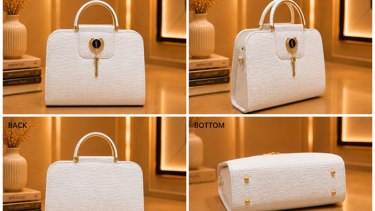 White handbag with gold accents shown from multiple angles on a blurred indoor background.