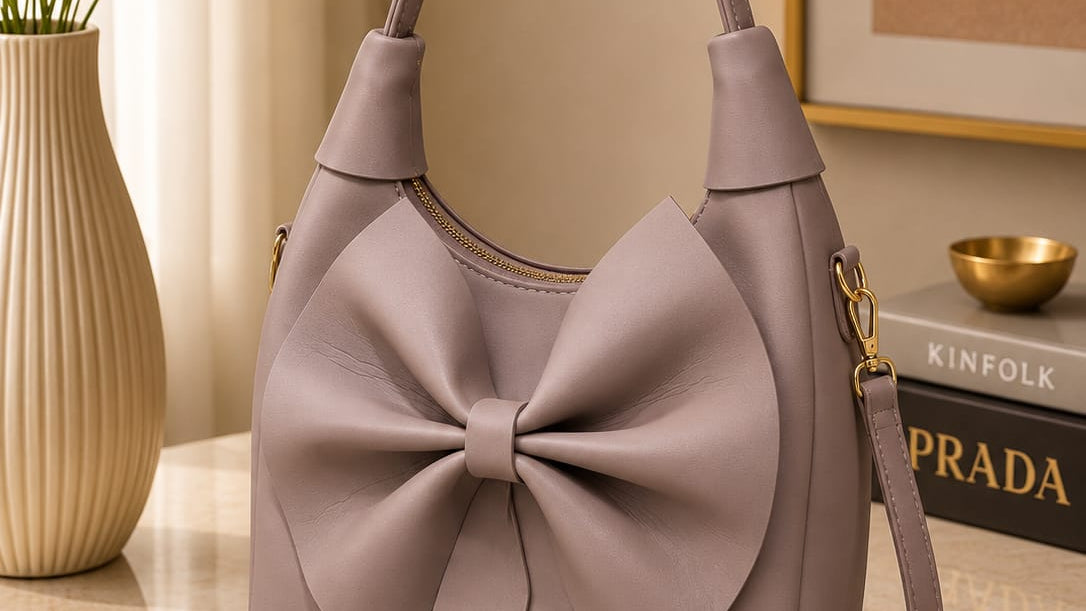 Purple handbag with a large bow on a light surface, with a vase and books in the background.