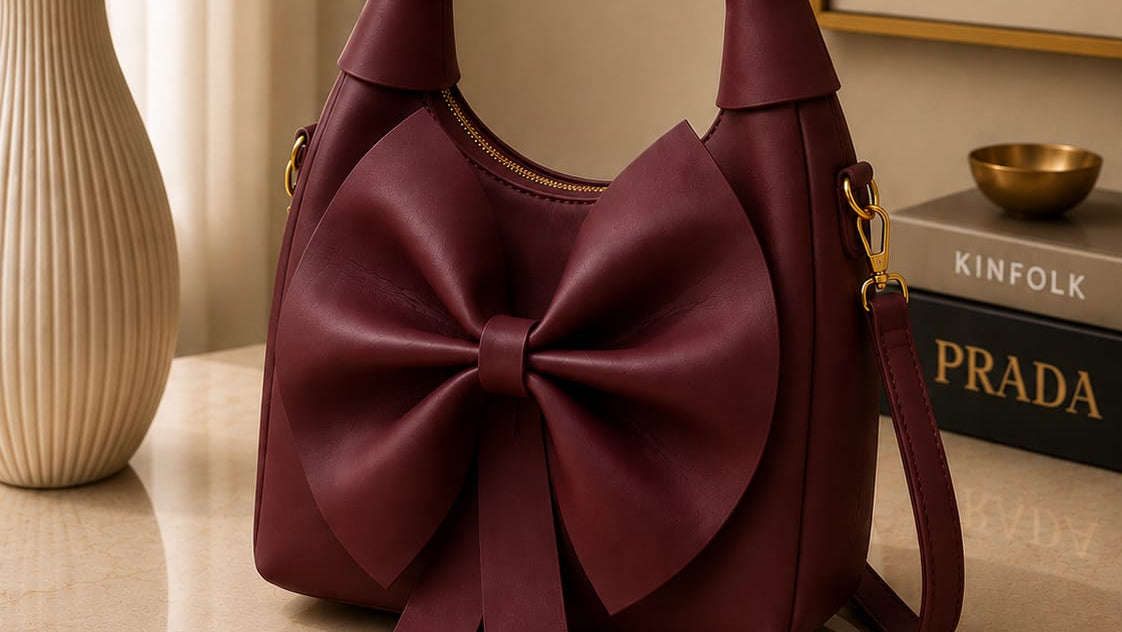 Burgundy handbag with a large bow on a surface, with a vase and books in the background.