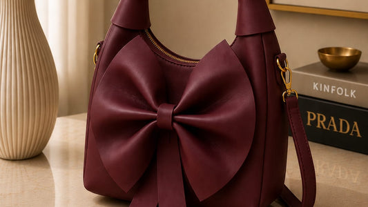 Burgundy handbag with a large bow on a surface, with a vase and books in the background.