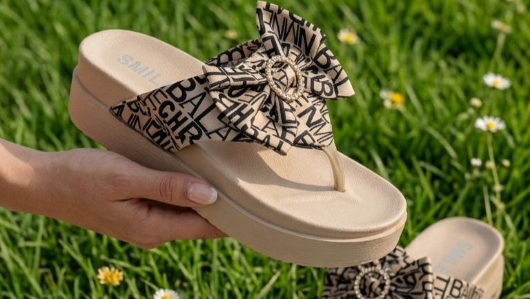 Beige sandals with decorative bows held over grass