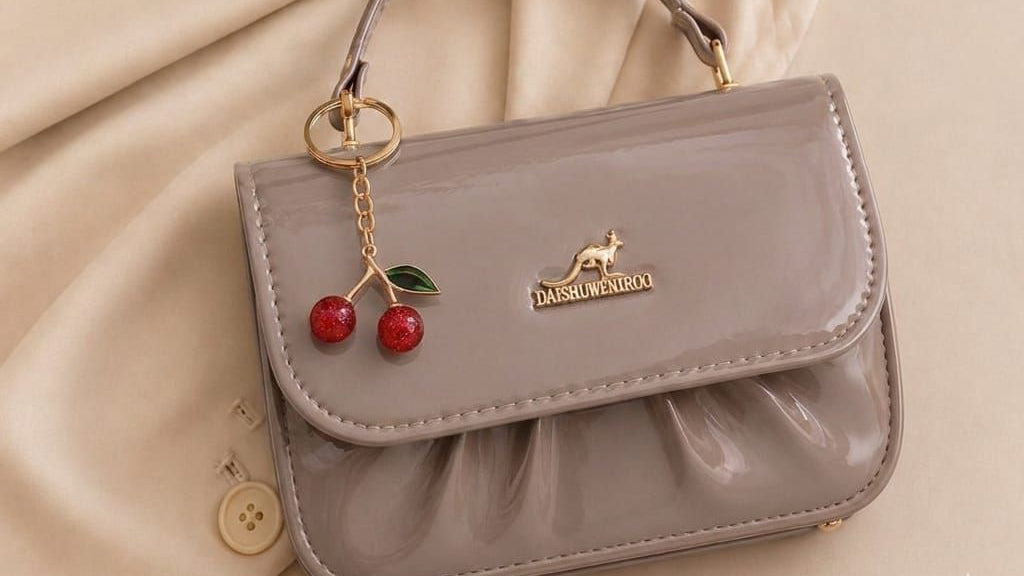 Small gray handbag with cherry charm and brand logo on a beige fabric background