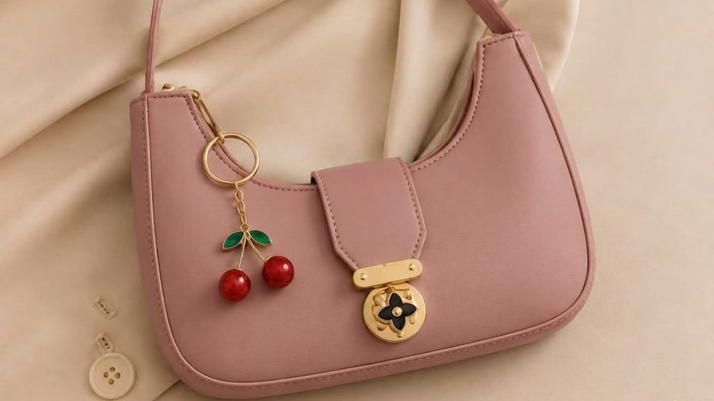 Pink handbag with cherry charm on a beige fabric background