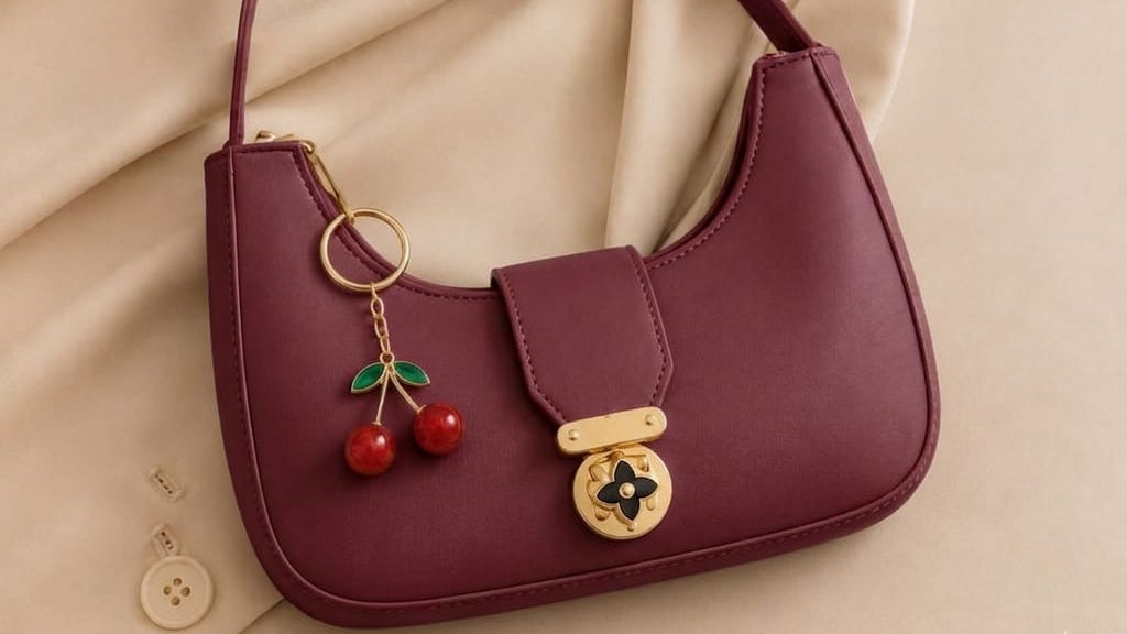 Maroon handbag with cherry charm on a beige fabric background