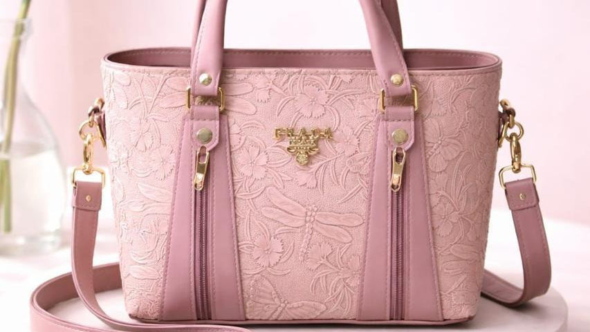 Pink handbag with gold accents on a white platform against a light pink background