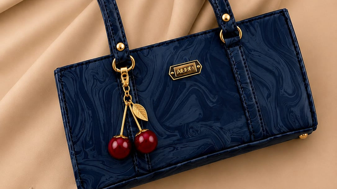 Navy blue handbag with cherry charm on a beige fabric background