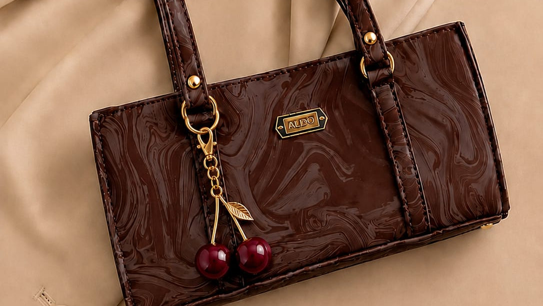 Brown handbag with cherry charm on a beige fabric background