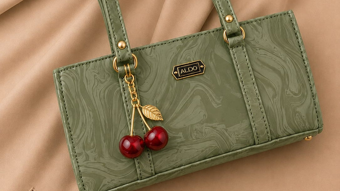 Green handbag with cherry charm on a beige fabric background
