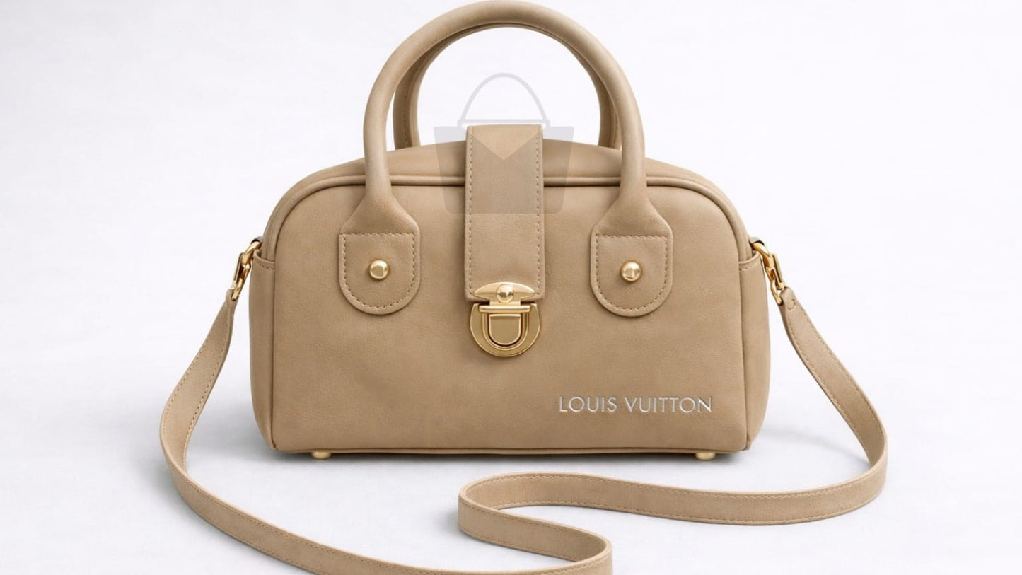 Beige handbag with a strap on a white background, featuring the Louis Vuitton logo.