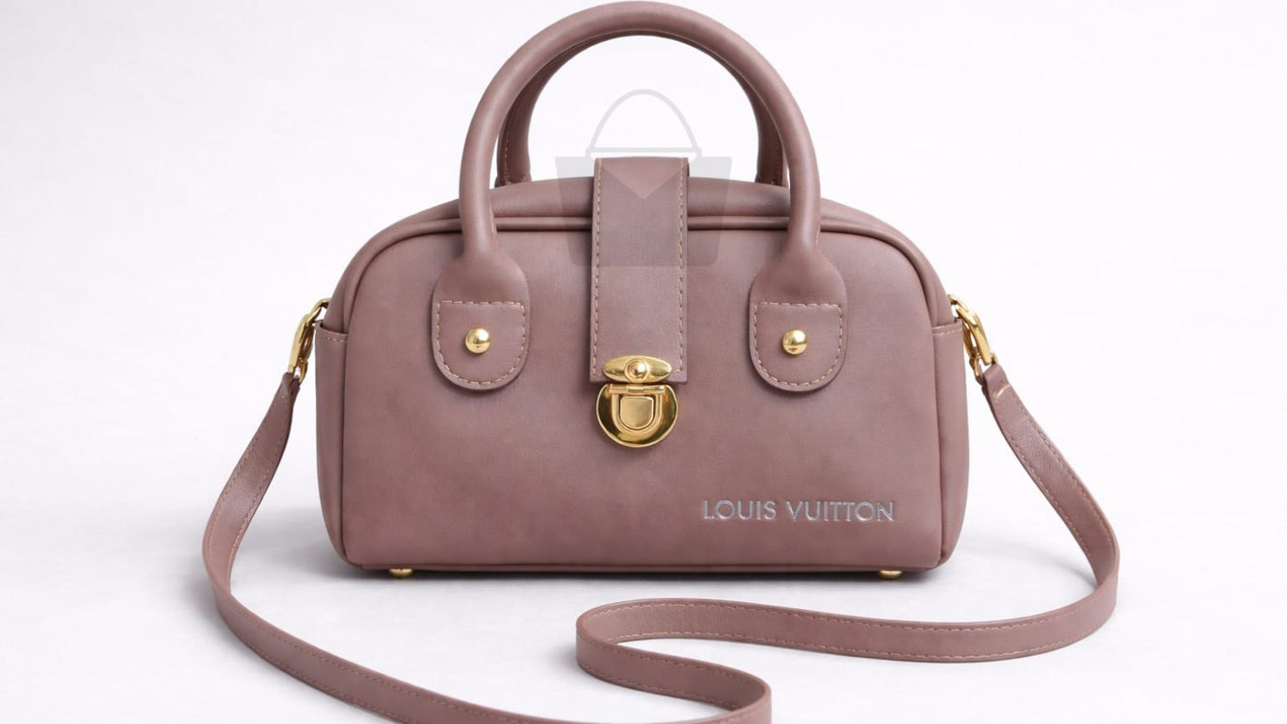 Pink handbag with gold accents and 'Louis Vuitton' logo on a light gray background