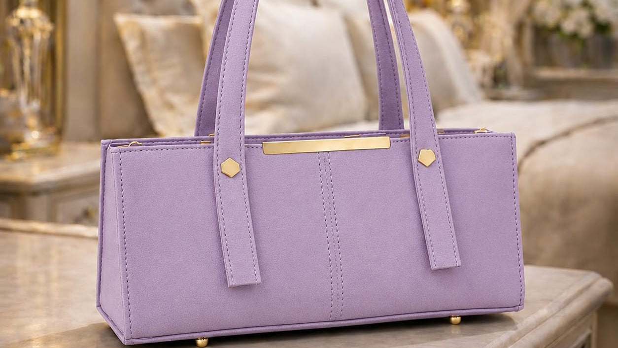 Purple handbag on a table with a blurred bedroom background