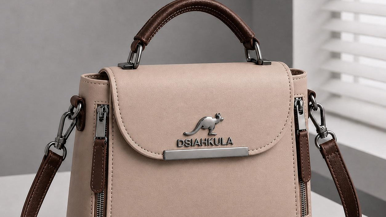 Beige handbag with brown strap and sunglasses on a light surface