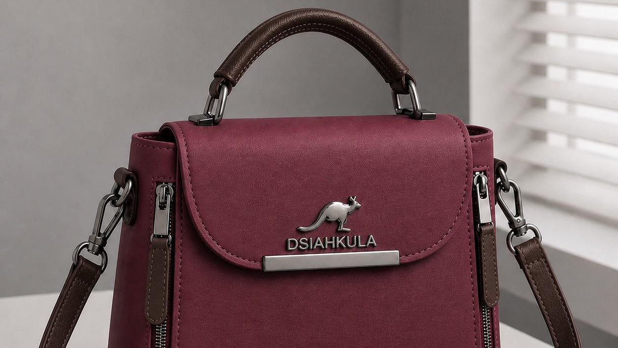 Purple handbag with brown strap and visible brand logo on a light surface.
