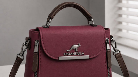 Purple handbag with brown strap and visible brand logo on a light surface.