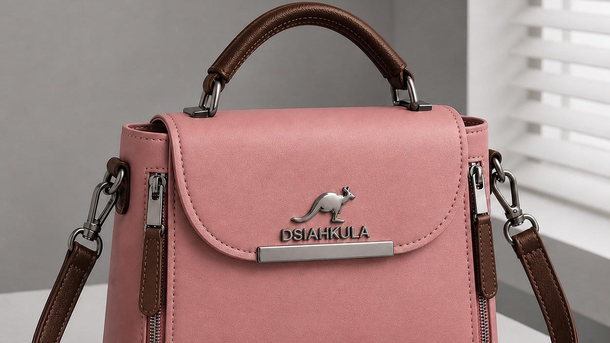 Pink handbag with brown strap and sunglasses on a light surface