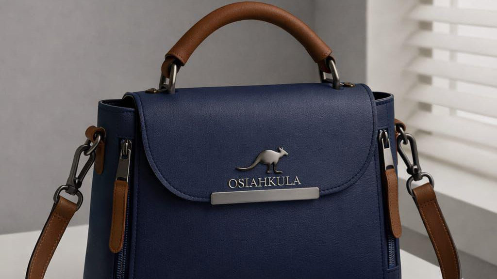 Navy handbag with brown straps and sunglasses on a light surface