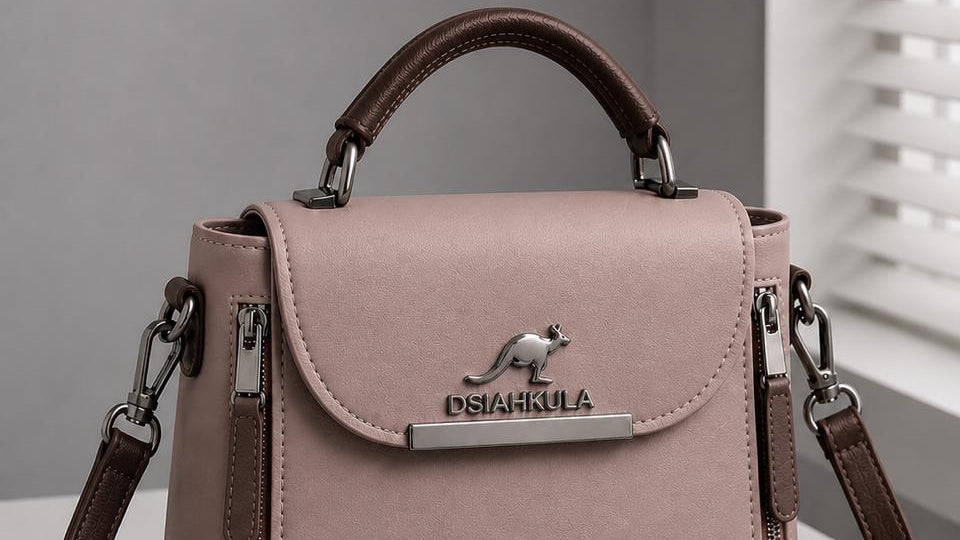 Pink handbag with brown strap and sunglasses on a light surface