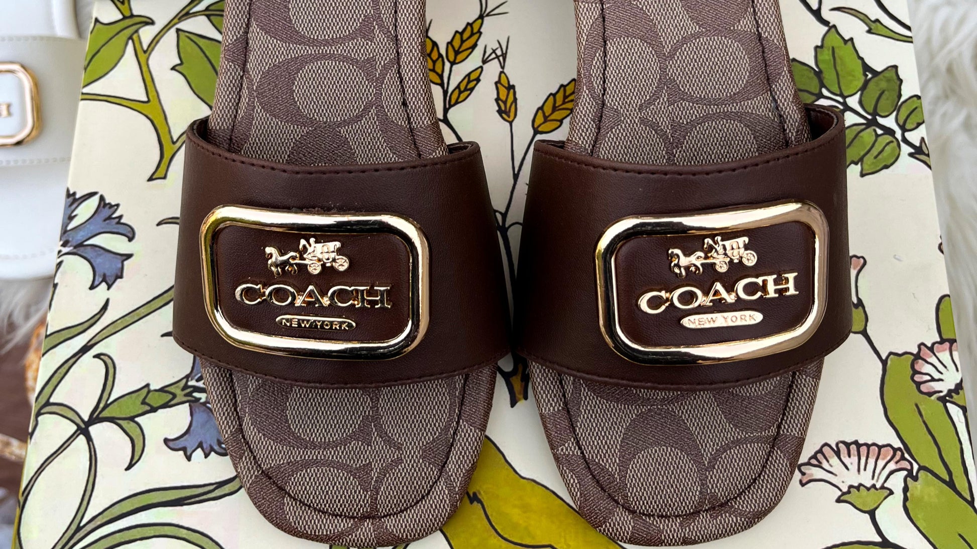 Pair of Coach sandals with logo on a floral-patterned surface