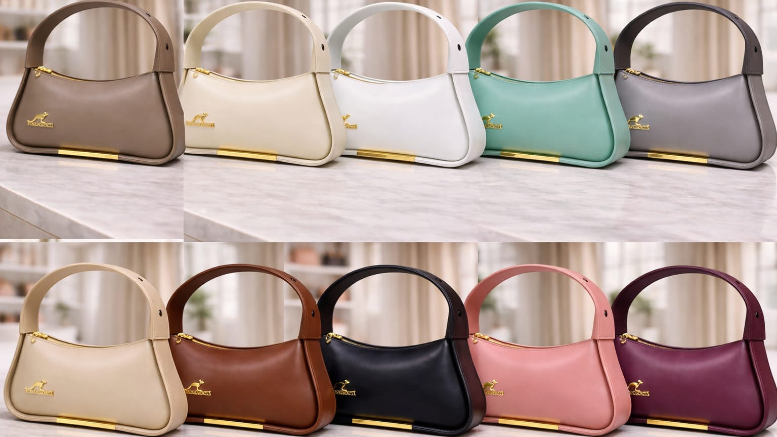 Collection of handbags in various colors on a light background