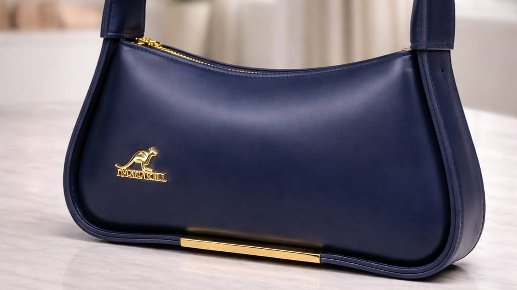 Navy blue handbag with gold accents on a light surface