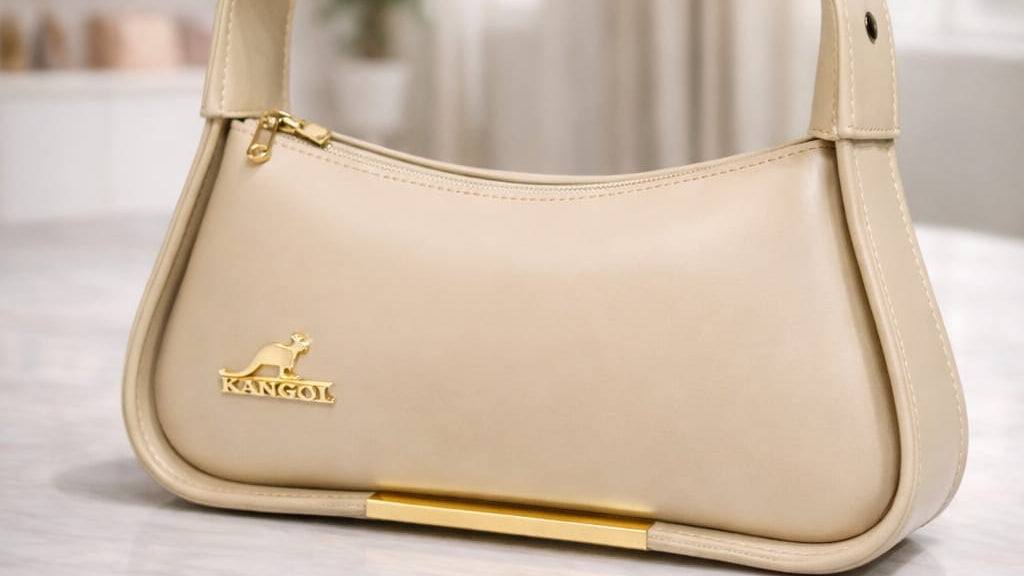 Beige handbag with gold accents on a marble surface, blurred background