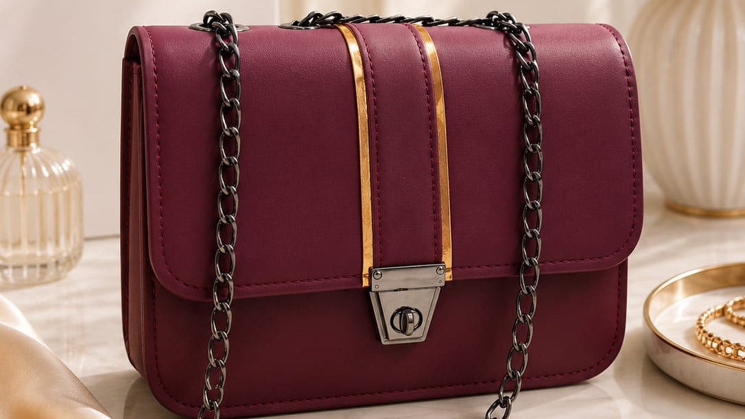 Purple handbag with gold accents on a decorative surface, featuring the Luxe Collection branding.