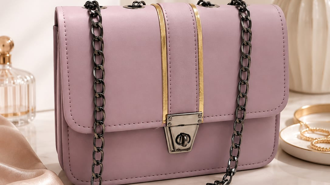 Pink handbag with chain detail on a soft pink surface, with 'LUXE Collection' branding.