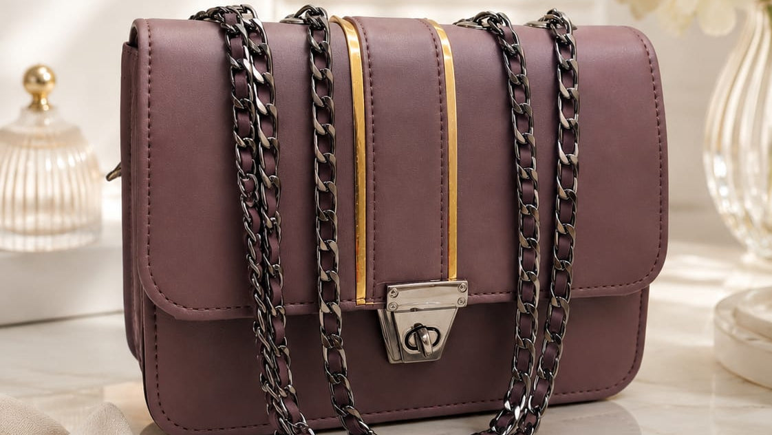 Purple handbag with chain strap on a marble surface with decorative background