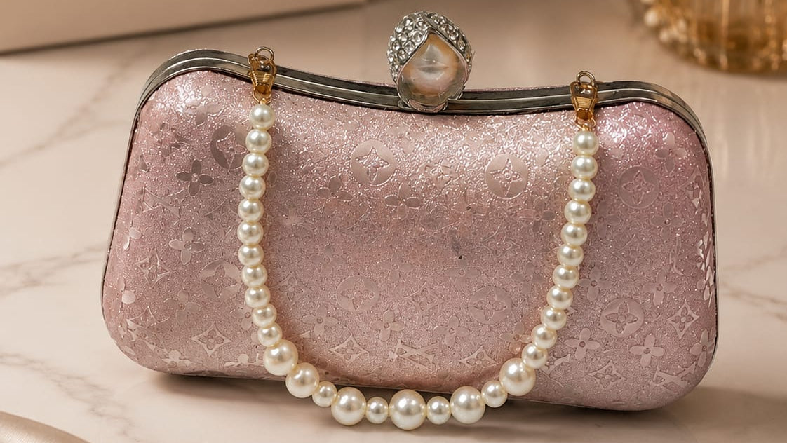 Pink clutch bag with pearl handle on a marble surface, with 'Elegance' box in the background.