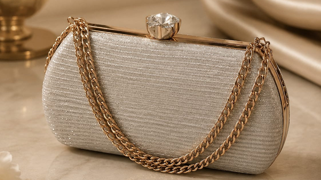 Silver clutch with gold chain on a beige surface, featuring the 'Elegance' brand.